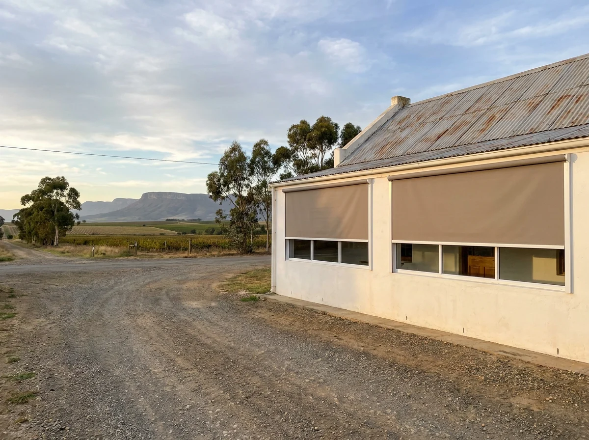 Farmhouse near the Klapmuts crossroads with open sky and a distant flat-topped hill, wide windows fitted with sunscreen roller blinds