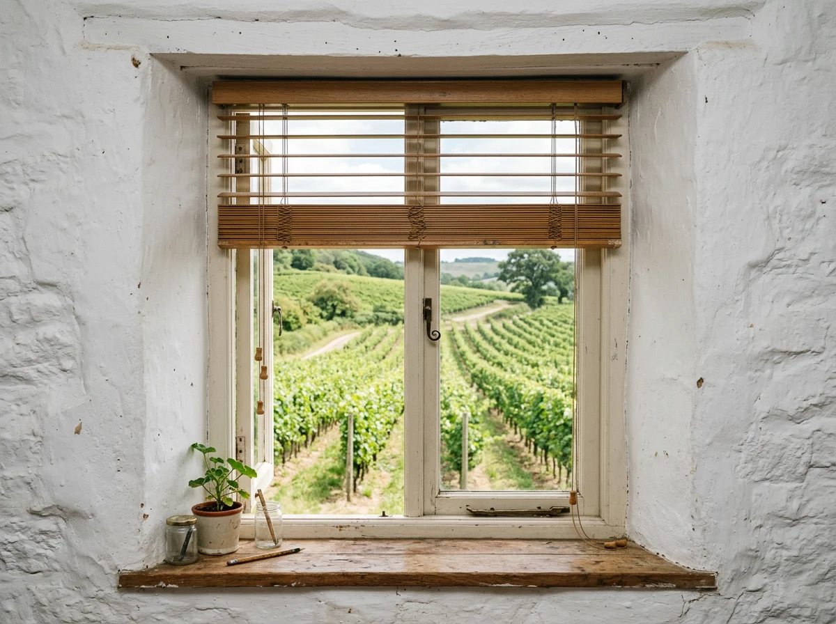 Small farmhouse window in Simondium framed by a whitewashed wall, fitted with a timber venetian blind, vineyard rows visible outside