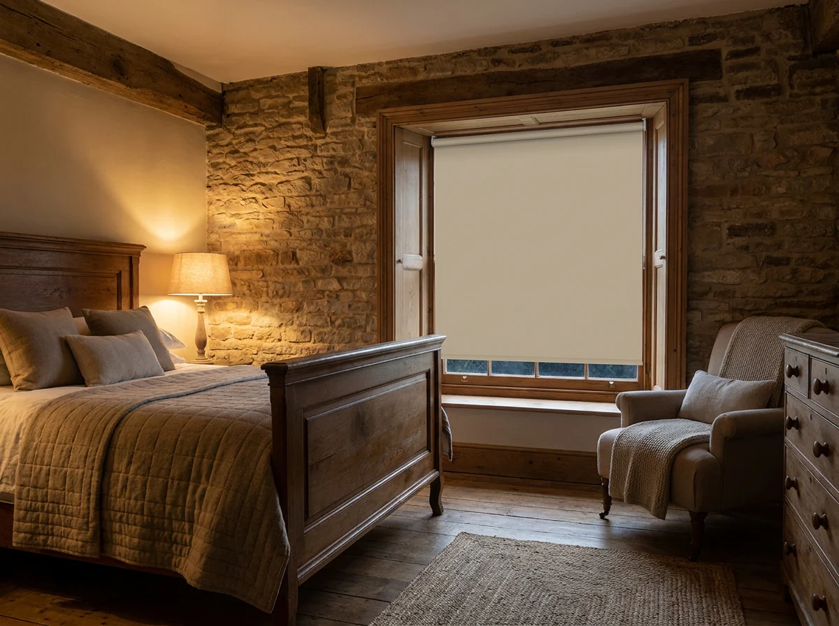 Smooth flat blockout roller blind fully covering a deep-set farmhouse bedroom window in the Drakenstein Valley