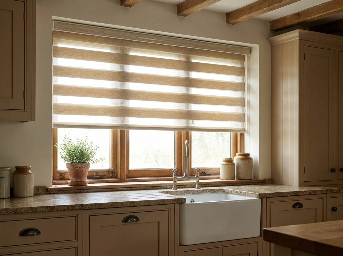 Day and night zebra-banded blind fitted over a farmhouse kitchen sink window in the Drakenstein Valley