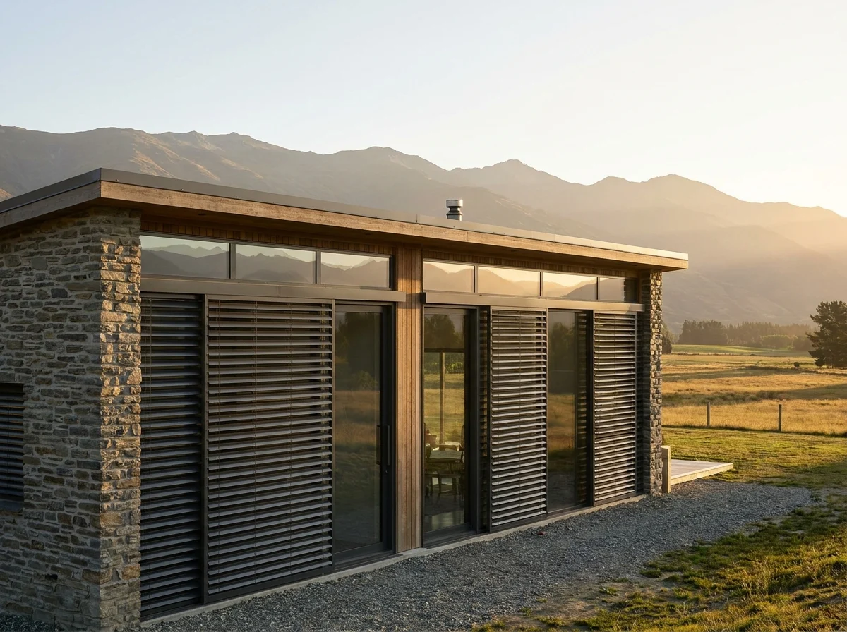New farmstead home facade in the Drakenstein Valley with wide aluminium external venetian blinds covering full-height glazing, layered mountain ridgelines behind