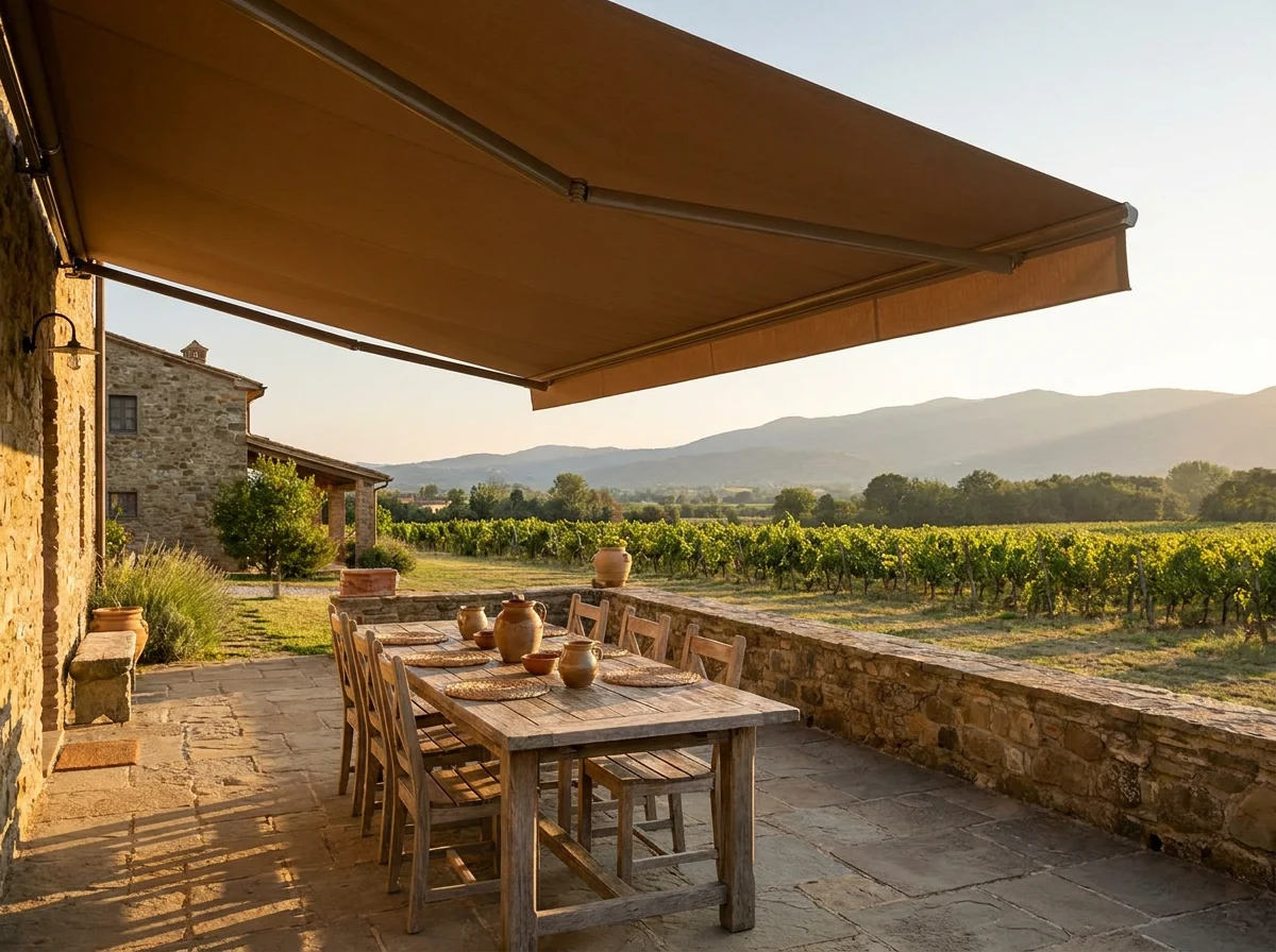 Folding-arm awning extended over a farmstead patio dining table with vineyard rows and mountains beyond in the Drakenstein Valley