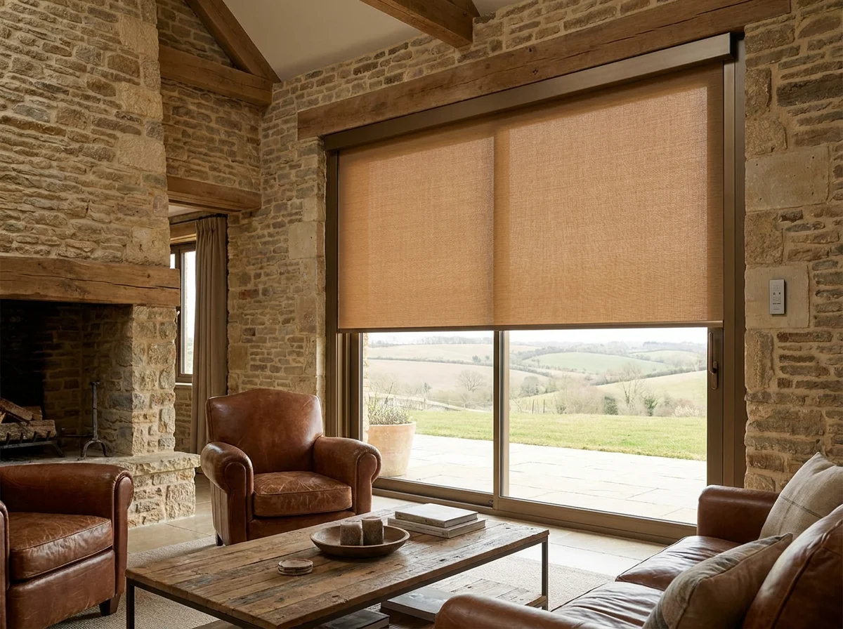 Motorised roller blind partially lowered across a wide glass wall in a farmstead great room, wall control panel visible, Drakenstein Valley