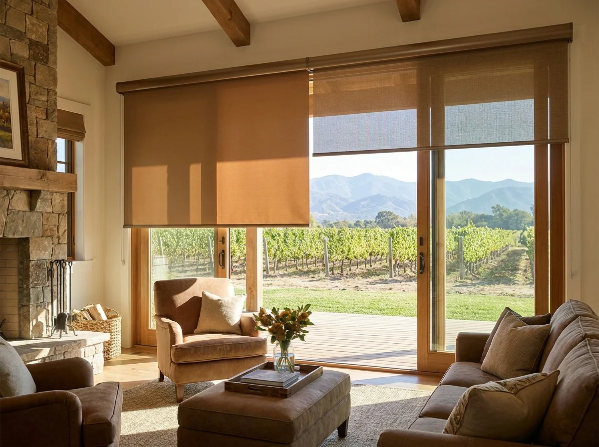 Drakenstein Valley farmstead living room with a double roller — blockout and sunscreen fabric side by side — mounted on glass doors overlooking vineyard rows and mountains