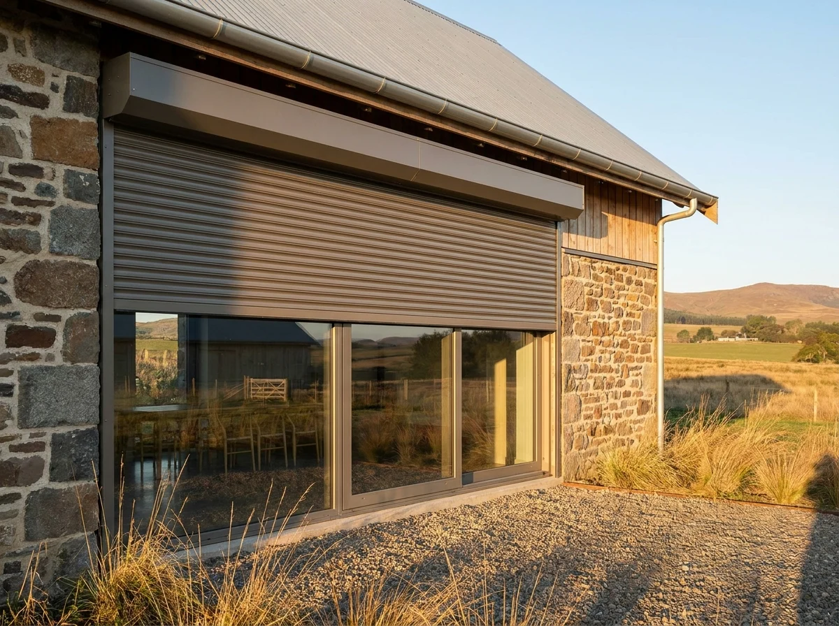 Rigid aluminium roller shutter partly lowered from an external headbox over glass on a farmstead home in the Drakenstein Valley
