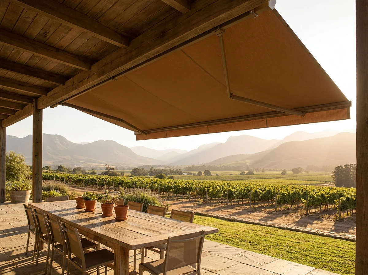 Folding-arm awning shading a Drakenstein Valley farmstead stoep dining table with vineyard rows and mountains at golden hour