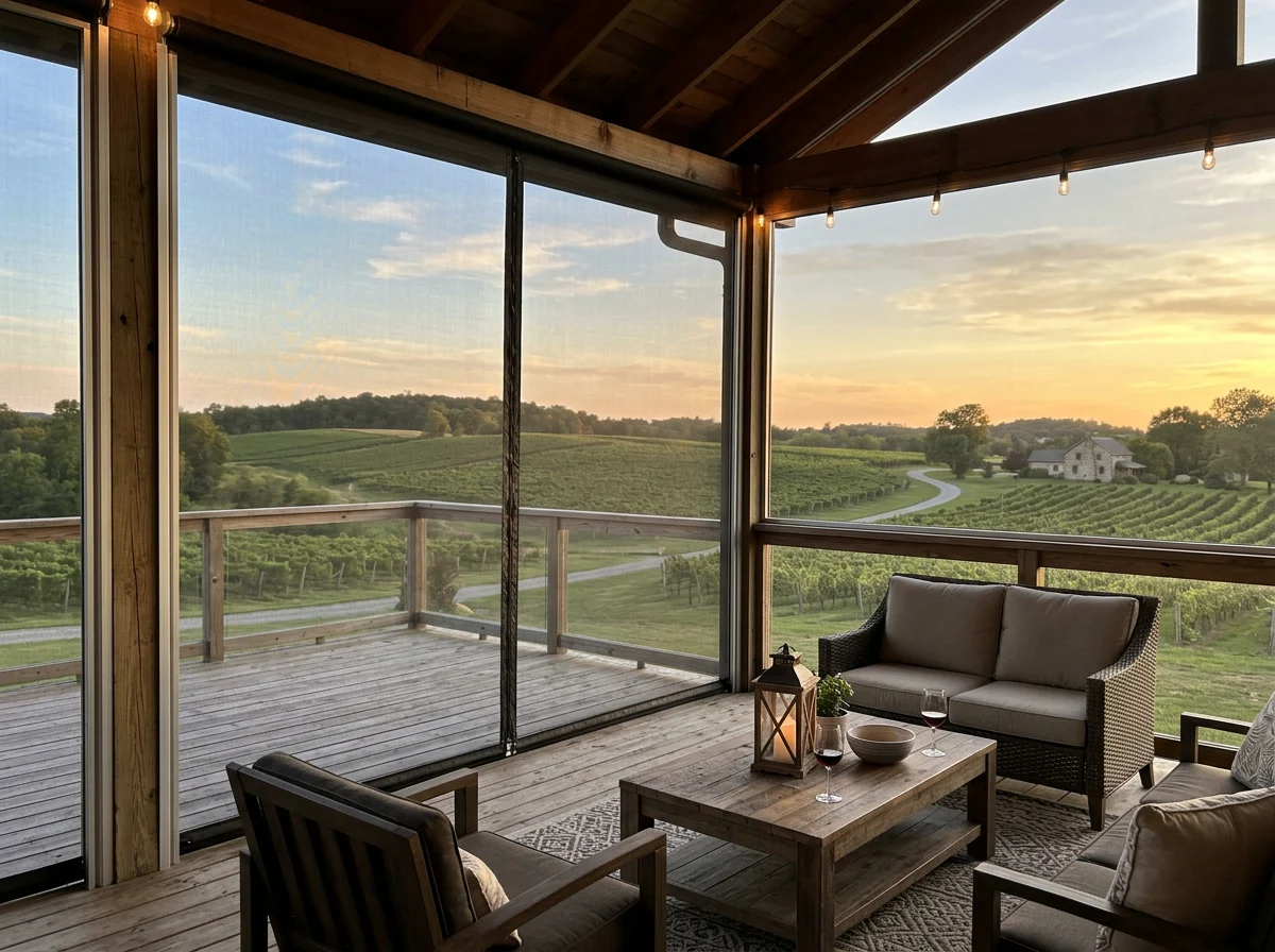 Zip screen mesh fabric enclosing a farmstead entertainment deck against valley wind, vineyard view visible through the mesh