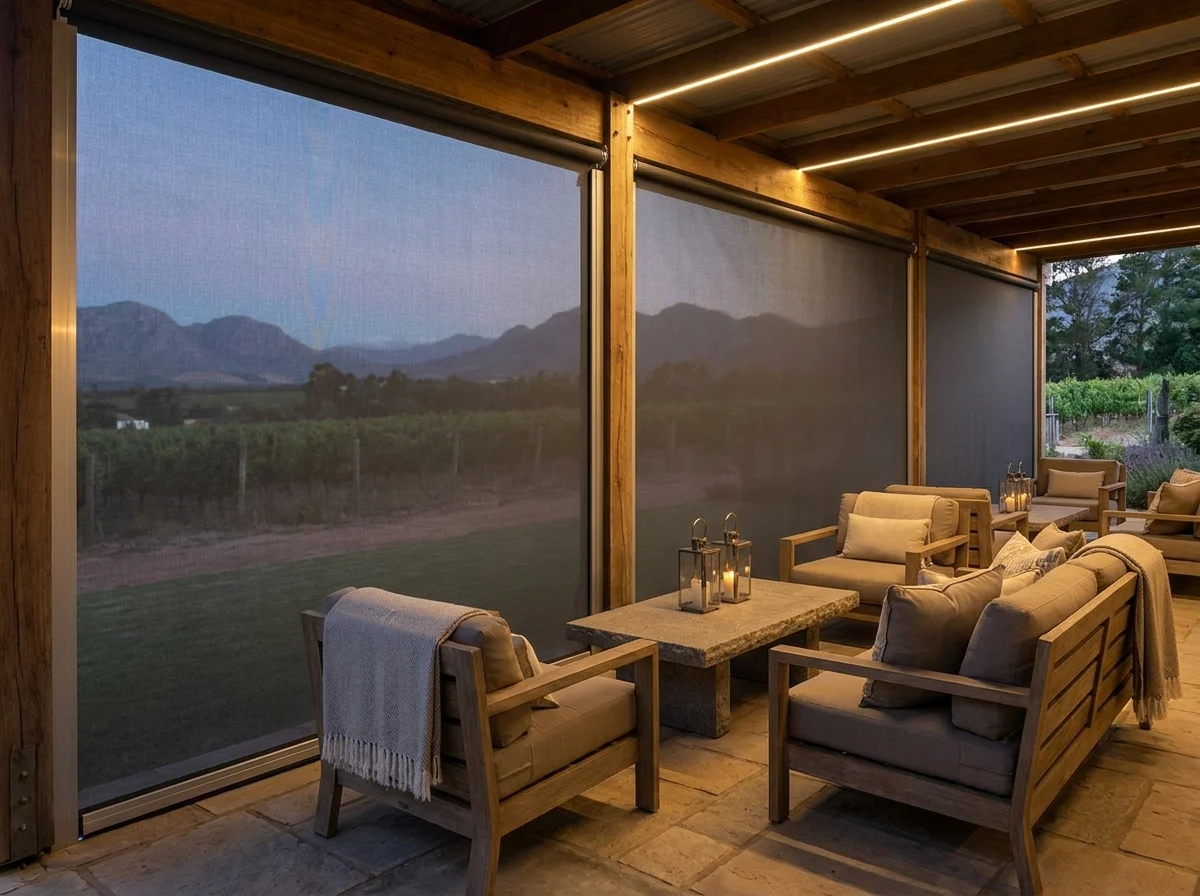 Outdoor lounge stoep in the Drakenstein Valley enclosed with a zipped drop screen in aluminium side channels, mesh fabric closed against valley wind at evening